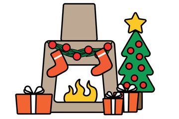 Fireplace with socks, christmas tree, balls gifts and wreath. Happy new year decoration. Merry christmas holiday. New year and xmas celebration. Vector illustration flat style