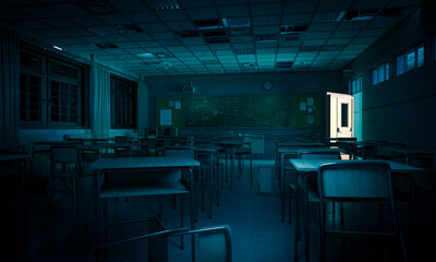interior of a classroom at night, scary atmosphere. - obrazy, fototapety, plakaty