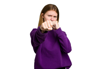 Young caucasian woman isolated throwing a punch, anger, fighting due to an argument, boxing.