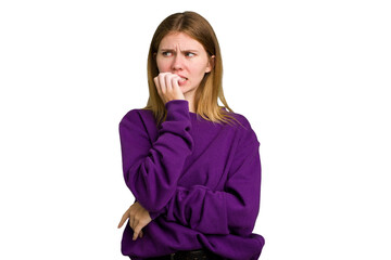 Young caucasian woman isolated biting fingernails, nervous and very anxious.