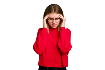 Young caucasian woman isolated having a head ache, touching front of the face.