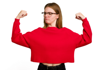 Young caucasian woman isolated showing strength gesture with arms, symbol of feminine power