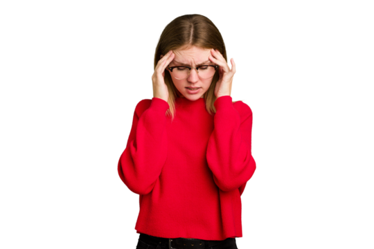 Young caucasian woman isolated having a head ache, touching front of the face.