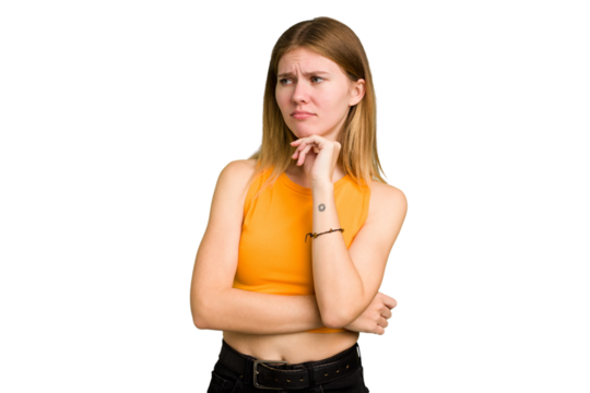 Young caucasian woman isolated suffers pain in throat due a virus or infection.