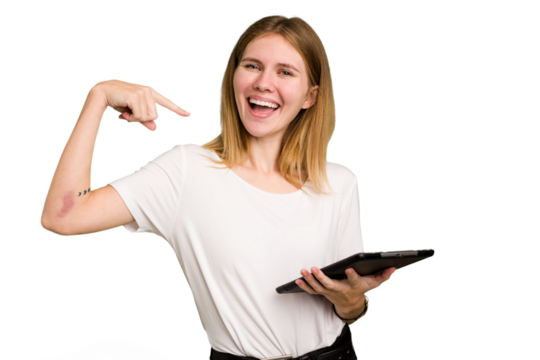 Young caucasian woman using a tablet isolated