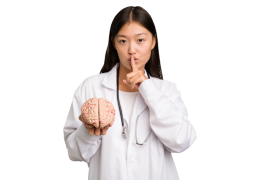 Young asian doctor woman holding a brain isolated keeping a secret or asking for silence.