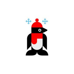 Cartoon penguin in clothes with a red hat and scarf. New year and christmas winter illustration and clipart. 