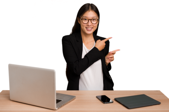 Young business asian woman sitting on a table isolated excited pointing with forefingers away.