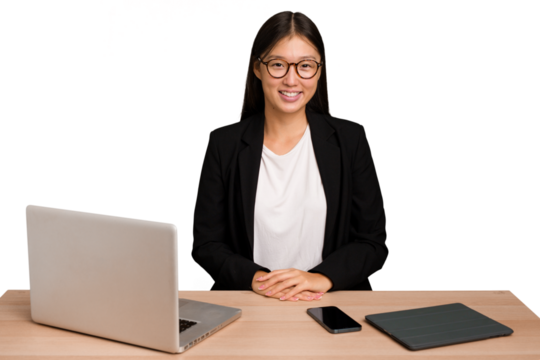Young business asian woman sitting on a table isolated happy, smiling and cheerful.