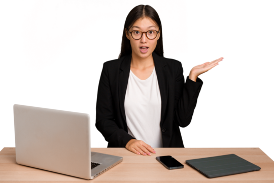 Young business asian woman sitting on a table isolated impressed holding copy space on palm.