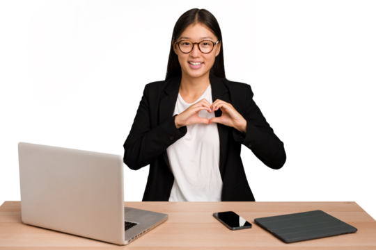 Young business asian woman sitting on a table isolated smiling and showing a heart shape with hands.