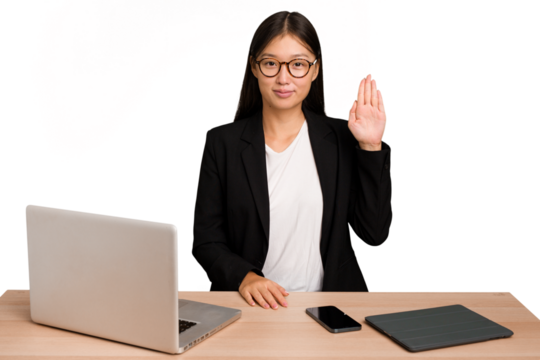 Young business asian woman sitting on a table isolated smiling cheerful showing number five with fingers.