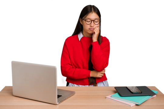 Young student asian woman in a workplace with a laptop isolated who feels sad and pensive, looking at copy space.