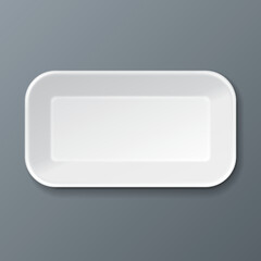 Fototapeta premium White Empty Blank Styrofoam Plastic Food Tray Container. Illustration Isolated On Gray Background. Mock Up Template Ready For Your Design. Vector EPS10
