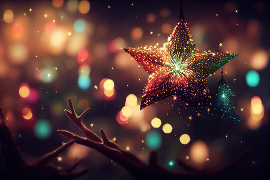 Beautiful glittering Christmas star in the Christmas lights background, AI generated image