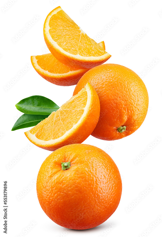Wall mural orange isolated. orange fruit: whole, slice and leaves on white background. orang flying collection. - Wall murals