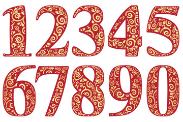 Set arabic red numerals, decorated with vintage golden pattern, vector