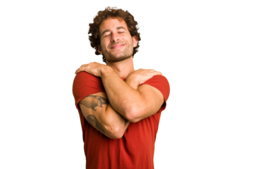 Young curly smart caucasian man cut out isolated hugs, smiling carefree and happy.