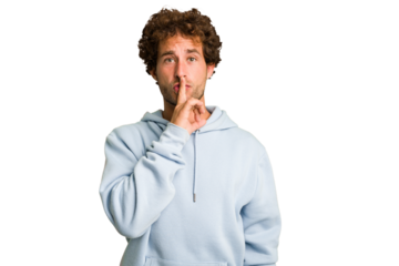 Young curly smart caucasian man cut out isolated keeping a secret or asking for silence.