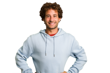 Young curly smart caucasian man cut out isolated confident keeping hands on hips.