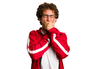 Young curly smart caucasian man cut out isolated suffers pain in throat due a virus or infection.