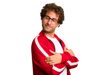 Young curly smart caucasian man cut out isolated laughing and having fun.