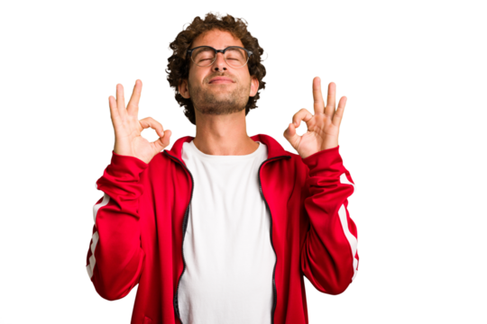 Young curly smart caucasian man cut out isolated relaxes after hard working day, she is performing yoga.