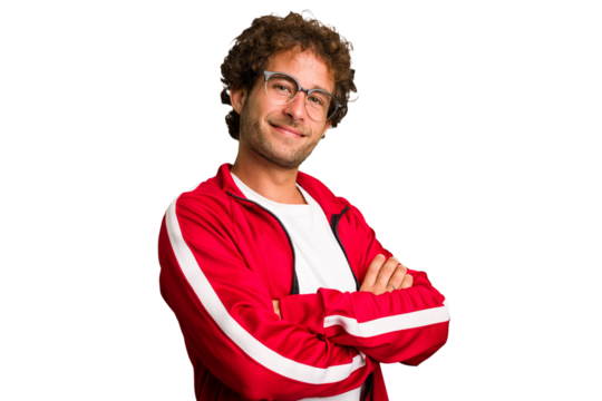 Young curly smart caucasian man cut out isolated who feels confident, crossing arms with determination.