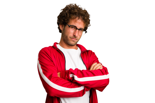 Young curly smart caucasian man cut out isolated who is bored, fatigued and need a relax day.