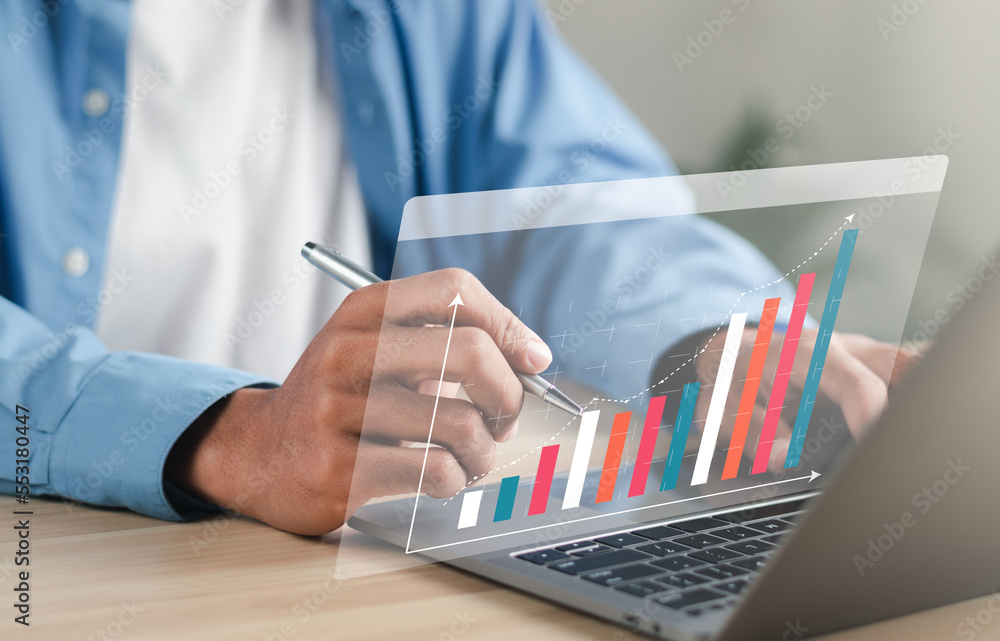 Aufkleber businessman analyzing sales data graph growth on strategy modern interface icons. digital online mar