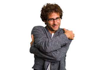 Young curly smart caucasian man cut out isolated hugs, smiling carefree and happy.
