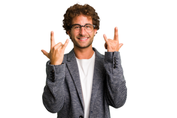 Young curly smart caucasian man cut out isolated showing a horns gesture as a revolution concept.