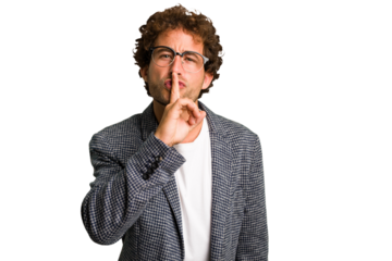 Young curly smart caucasian man cut out isolated keeping a secret or asking for silence.