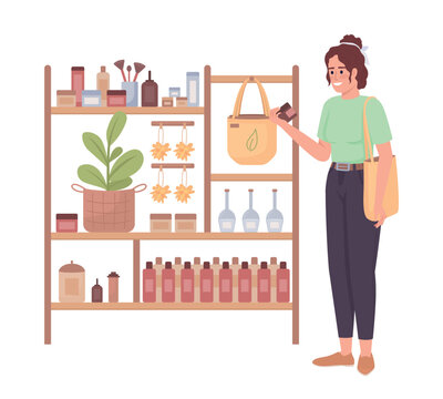 Woman buying eco cosmetics semi flat color vector character. Organic store. Editable figure. Full body person on white. Simple cartoon style illustration for web graphic design and animation