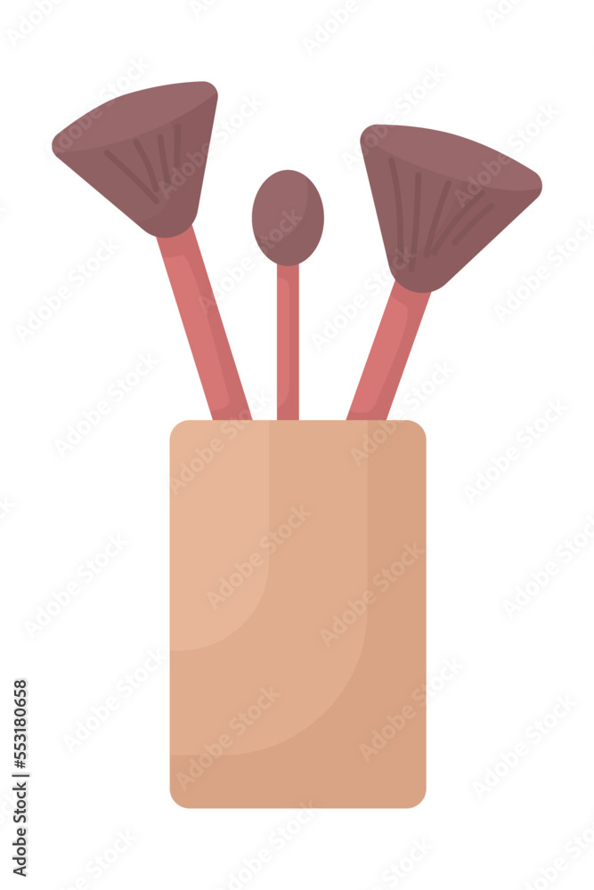 Poster cosmetic brushes in holder semi flat color vector object. editable elements. full sized items on whi