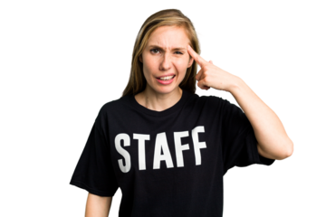 Young caucasian staff woman isolated showing a disappointment gesture with forefinger.