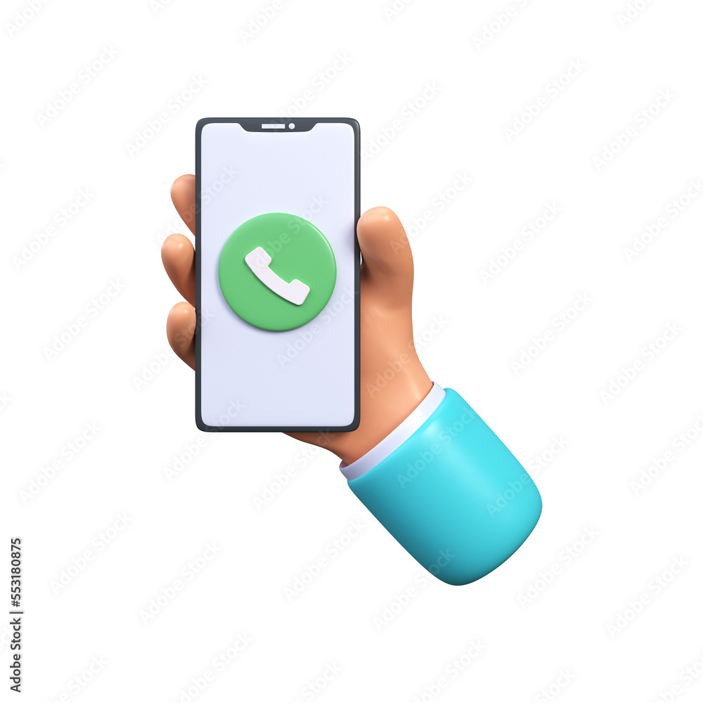 Poster phone call button on smartphone screen. the hand holds a smartphone with an incoming call. pick up t