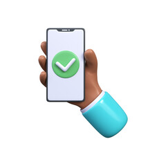 3D Hand holding a smartphone with a check mark on the screen. Green tick icon..