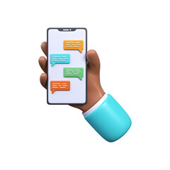3d illustration of a chat on a mobile phone. Hand with smartphone and speech chatting. SMS exchange...