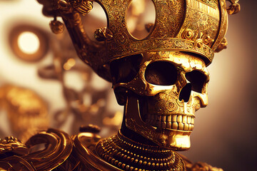 A golden skeleton in golden clothes with a crown. Dead king. Generative AI
