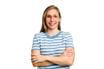 Young caucasian woman cutout isolated who feels confident, crossing arms with determination.