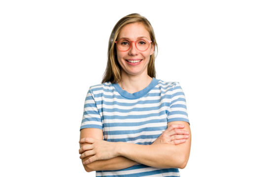 Young caucasian woman cutout isolated who feels confident, crossing arms with determination.