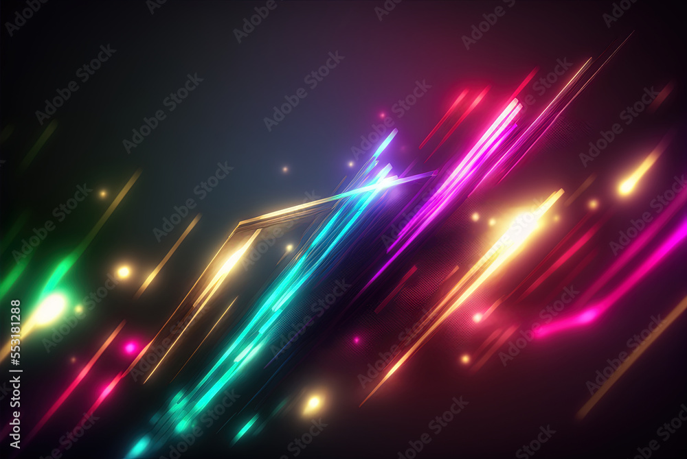 Poster neon lights blurred on a black backdrop to create a hazy effect. generative ai