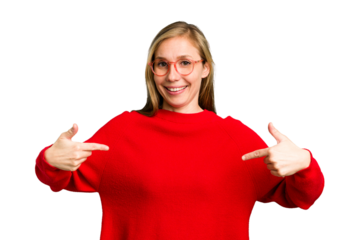 Young caucasian woman cutout isolated points down with fingers, positive feeling.