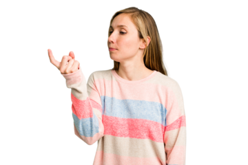 Young caucasian woman cutout isolated pointing with finger at you as if inviting come closer.