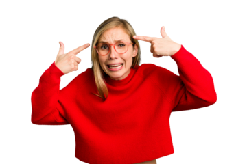 Young caucasian woman cutout isolated showing a disappointment gesture with forefinger.