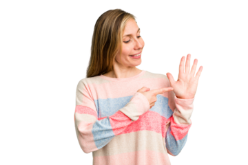 Young caucasian woman cutout isolated smiling cheerful showing number five with fingers.