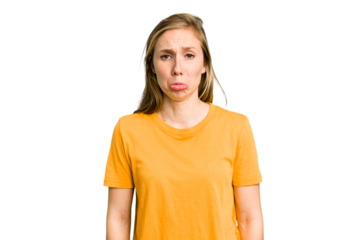 Young caucasian woman cutout isolated sad, serious face, feeling miserable and displeased.