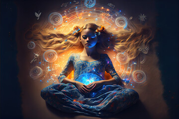 Woman in Sound healing therapy and yoga meditation , uses aspects of music to improve health and well being. can help your meditation and relaxation generative ai      