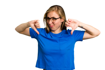 Young caucasian woman cutout isolated showing thumb down, disappointment concept.